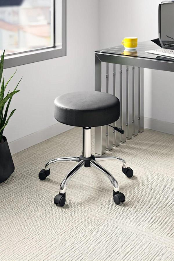 Depolife Krom Ayaklı Ofis Kasiyer Taburesi 360 Derece Tekerlekli Deri Döşeme Oturak Eczane Laboratuvar Siyah - Image 1