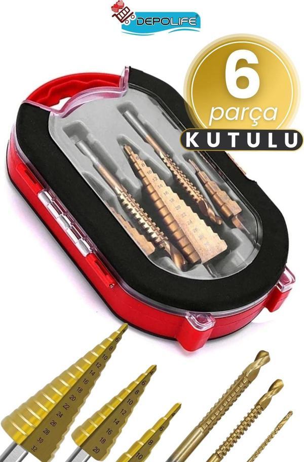 Depolife Delik Delme Pah Açma Kademeli Delme Panç Titanium 6 Parça Kutulu Freze Uç Seti - Image 1
