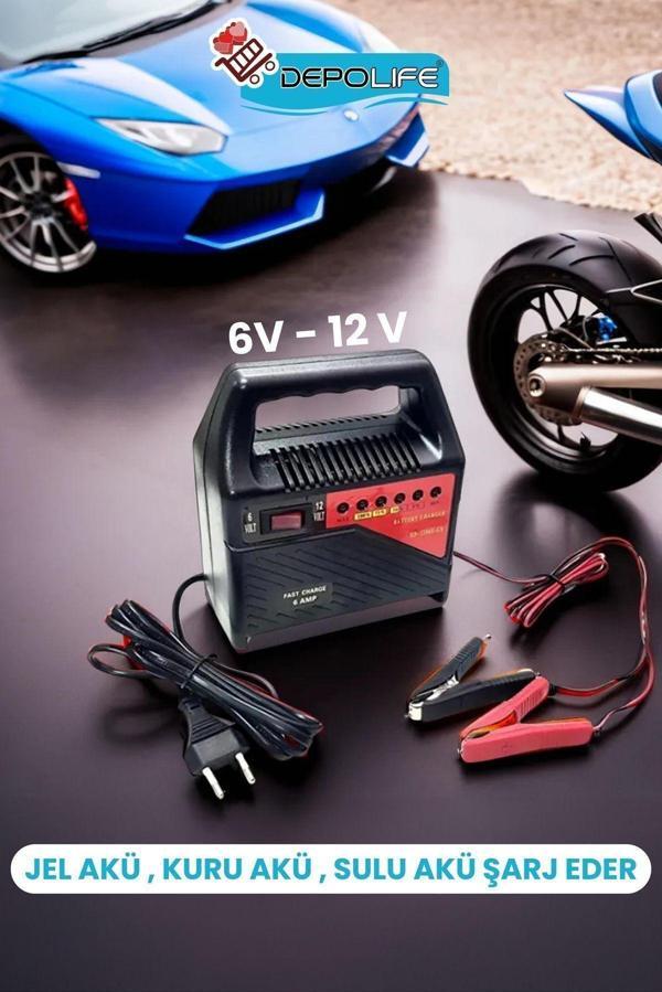 Depolife Akü Şarj Cihazı 6V - 12V 6 Amper Araç Aküsü Motor Aküsü Şarj Aleti Redresör - Image 1