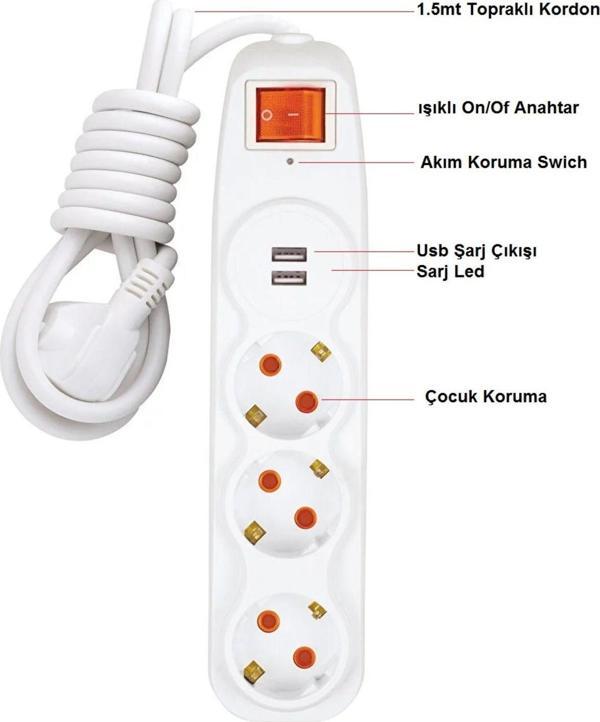 Depolife Voltaj Akım Korumalı 3Lü Grup Priz Çocuk Koruma 2'Li Usb Şarj 1,5 Mt Uzatma Kablolu Işıklı Anahtarlı - Image 1
