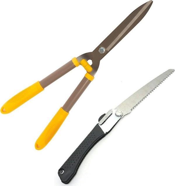 Depolife Ağaç Dal Kesme Katlanır Testere Çim Çit Ot Kesme Bahçe Düzenleme Ahşap Saplı Makası 2 Parçalı Set - Image 1