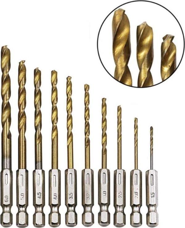 Depolife Hss Çelik Titanyum Kaplı Matkap Uç Seti 10 Parça Altıgen Saplı 1/4 Hex Ahşap Metal Uç Takımı - Image 1