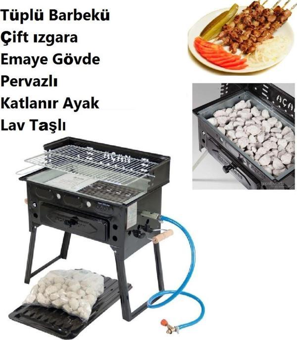 Depolife Emaye Pervazlı Tüplü Mangal Lav Taşlı Lpg Li Barbekü Çift Izgara Katlanır Ayaklı 30X48Cm - Image 1
