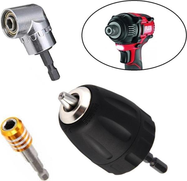 Depolife Şarjlı Vidama Matkap Için 1/4 Hex Adaptörlü Mandren Köşe Vidalama Hızlı Bits Adaptör Seti 3 Parça - Image 1