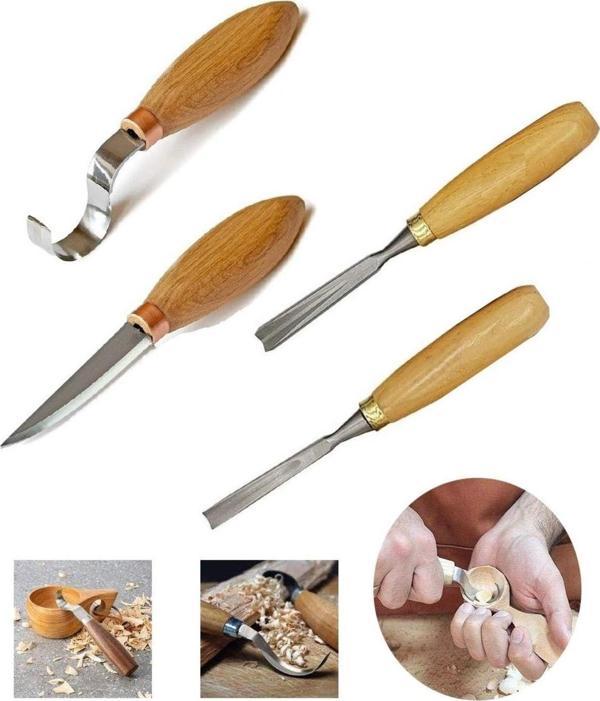 Depolife Ahşap Oyma Bıçak Alet Seti Kaşık Heykel Kuksa Oval Düz Oyma Yontma Bıçağı 4 Parçalı Set - Image 1