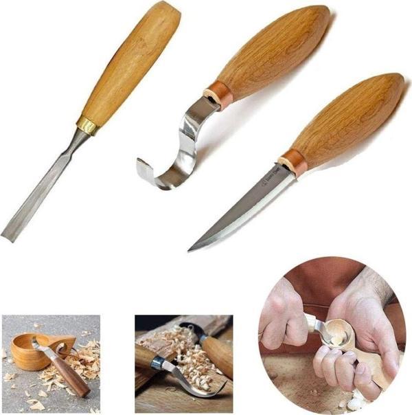 Depolife Ahşap Oyma Bıçak Alet Seti Kaşık Kuksa Oval Düz Oyma Yontma Bıçağı 3 Parçalı Set - Image 1