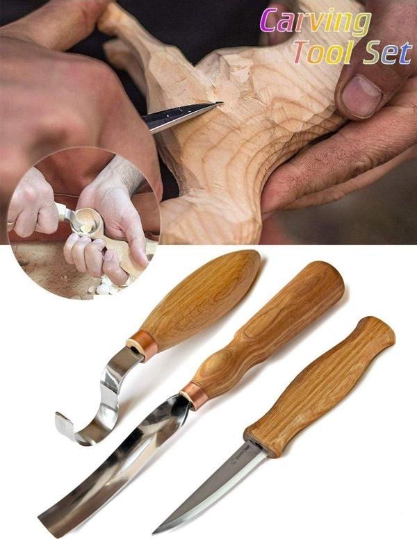 Depolife Ahşap Oyma Bıçak Alet Seti Kaşık Kuksa Oval Düz Oyma Yontma Bıçağı 3 Parçalı Set - Image 1