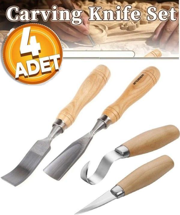 Depolife Ahşap Oyma Iskarpela Alet Seti Kaşık Heykel Kuksa Oval Düz Oyma Yontma Kıvrık Bıçak 4 Lü - Image 1