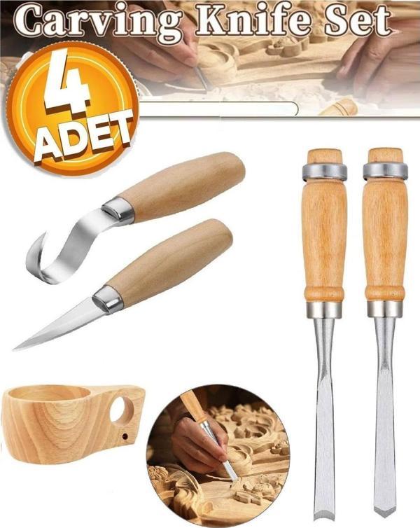 Depolife Ahşap Oyma Iskarpela Alet Seti Kaşık Heykel Kuksa Oval Düz Oyma Yontma Kıvrık Bıçak 4 Lü - Image 1