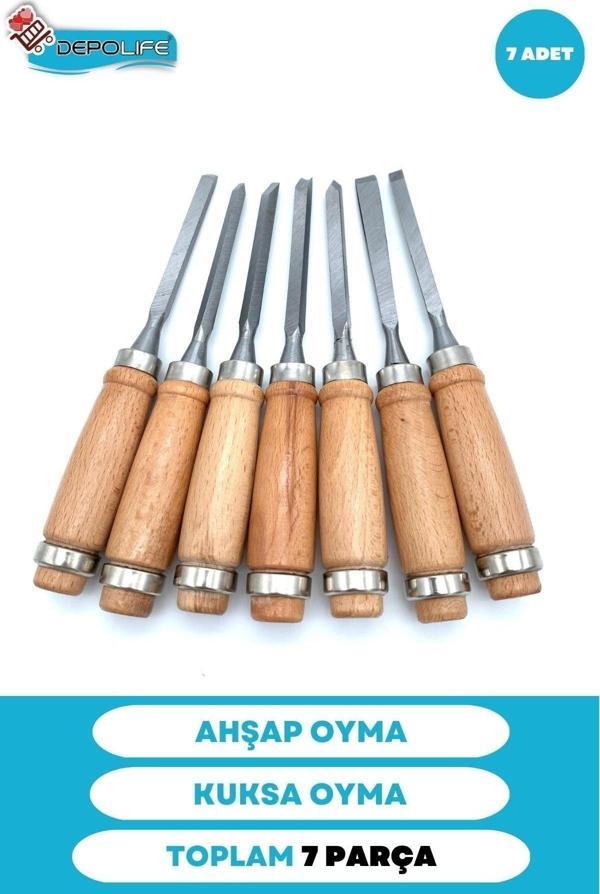 Depolife Ahşap Oyma Keski Iskarpela Bıçak Alet Seti Kaşık Kuksa Oval Oyma Yontma Torna Çakısı 7 Li Set - Image 1