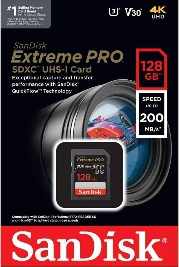 Sandisk Extreme Pro 128Gb 200/90Mb/S Sdxc V30 Uhs-I U3 Hafıza Kartı Sdsdxxd-128G-Gn4In - Image 1