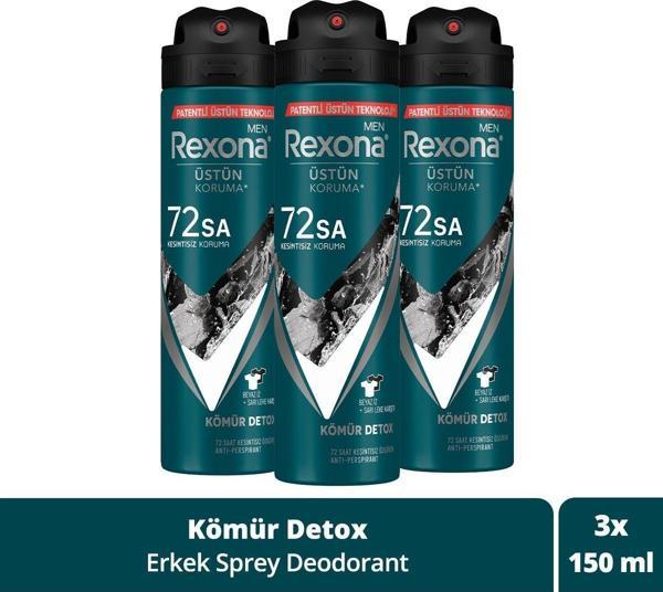 Rexona Men Erkek Sprey Deodorant Kömür Detox 72 Saat Kesintisiz Üstün Koruma 150 Ml X3 - Image 1