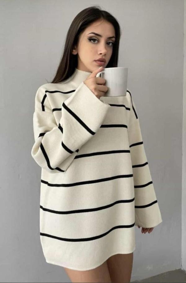 My Love Siyah Çizgili Oversize Triko Ekru - Siyah S - Image 1