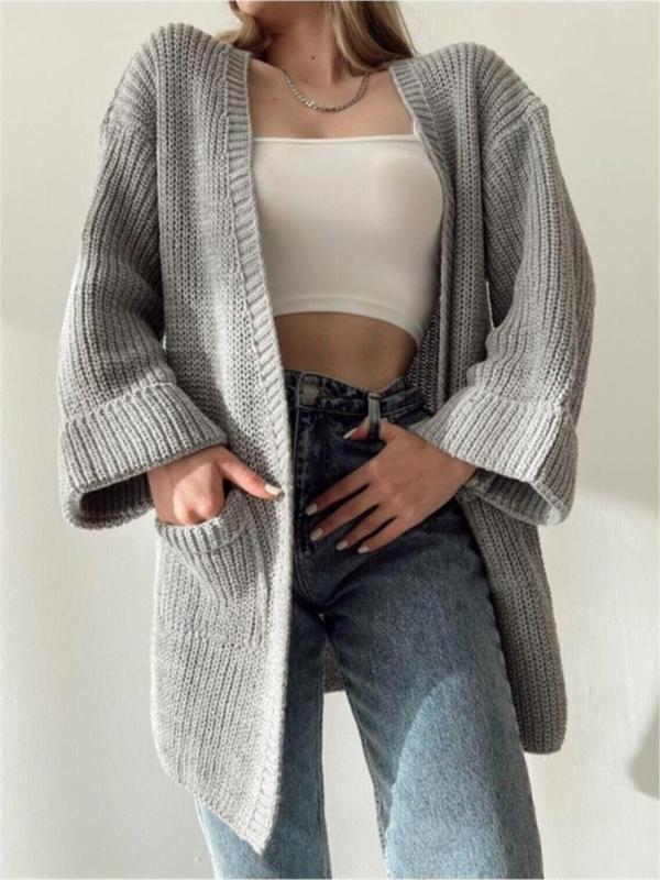 Işılda Kadın Kol Katlamalı Cepli Salaş Triko Hırka Gri Standart - Image 1