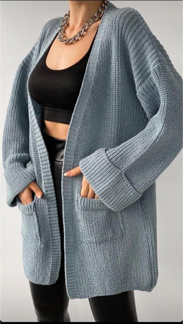 Işılda Kadın Kol Katlamalı Cepli Salaş Triko Hırka Mavi Standart - Image 1