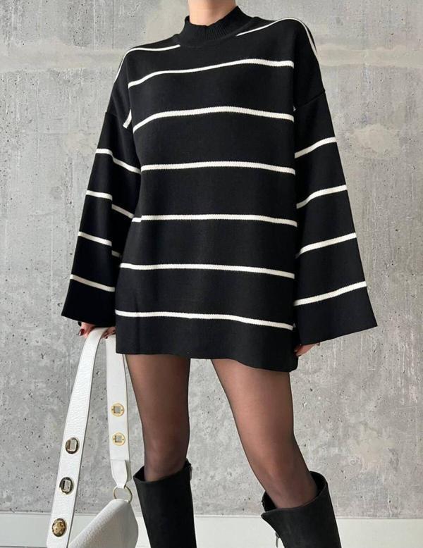 Işılda Kadın Dik Yaka Oversize Model Kazak Siyah Standart - Image 1