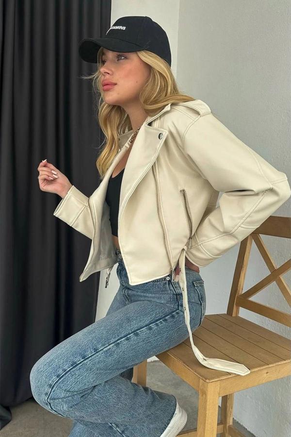 Işılda Oversize Kadın Krem Biker Deri Ceket Krem M - Image 1