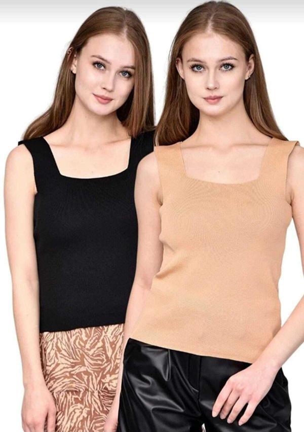 Işılda Siyah Camel 55 Cm Kare Yaka Triko Bluz Siyah - Camel Standart - Image 1