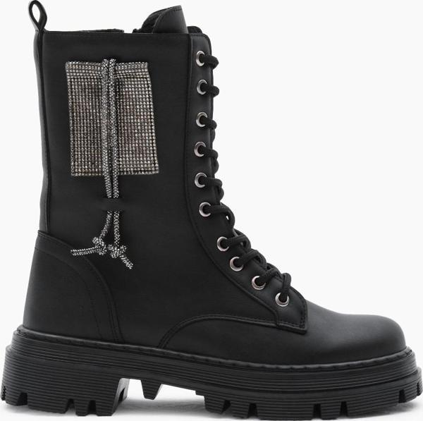 Tonny Black Kadın Siyah Cilt Termo Taban Yanı Taşlı Bağcıklı ve Fermuarlı Bot - Image 1