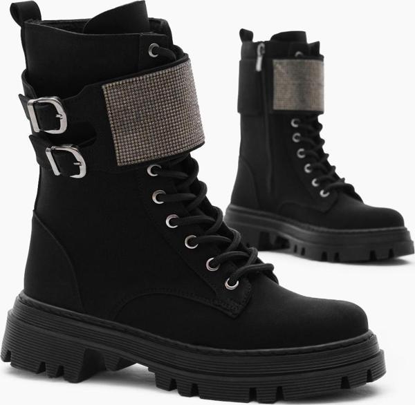 Tonny Black Kadın Siyah Mat Termo Taban Yanı Çift Tokalı Taşlı Bağcıklı ve Fermuarlı Bot - Image 1