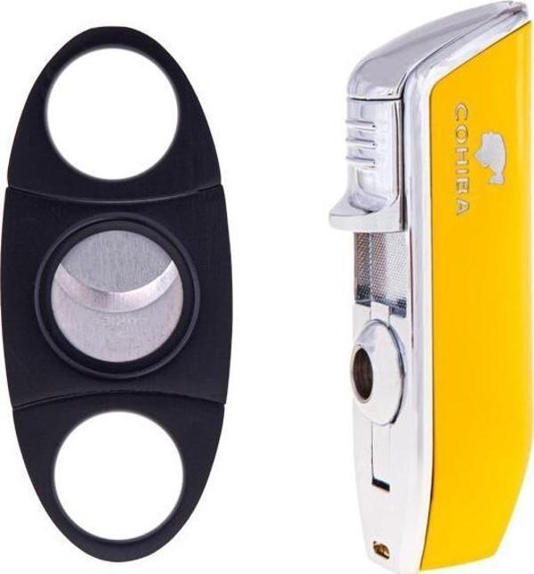 Cohiba 3 Torch Pürmüz Sarı Puro Çakmağı ve Kesici Seti - Image 1