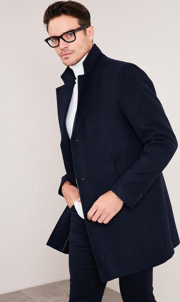 Buratti Slim Fit Tek Yırtmaçlı Düğmeli Mono Yaka Kaşe Erkek Kaban 5840098 LACİVERT - Image 1