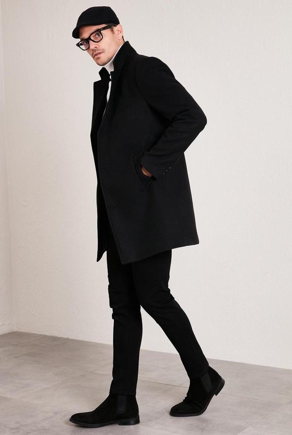 Buratti Slim Fit Tek Yırtmaçlı Düğmeli Mono Yaka Kaşe Erkek Kaban 5840098 SİYAH - Image 1
