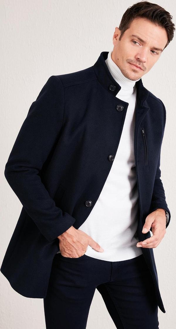 Buratti Slim Fit Düğmeli Dik Yaka Kaşe Erkek Kaban 5840099 LACİVERT - Image 1