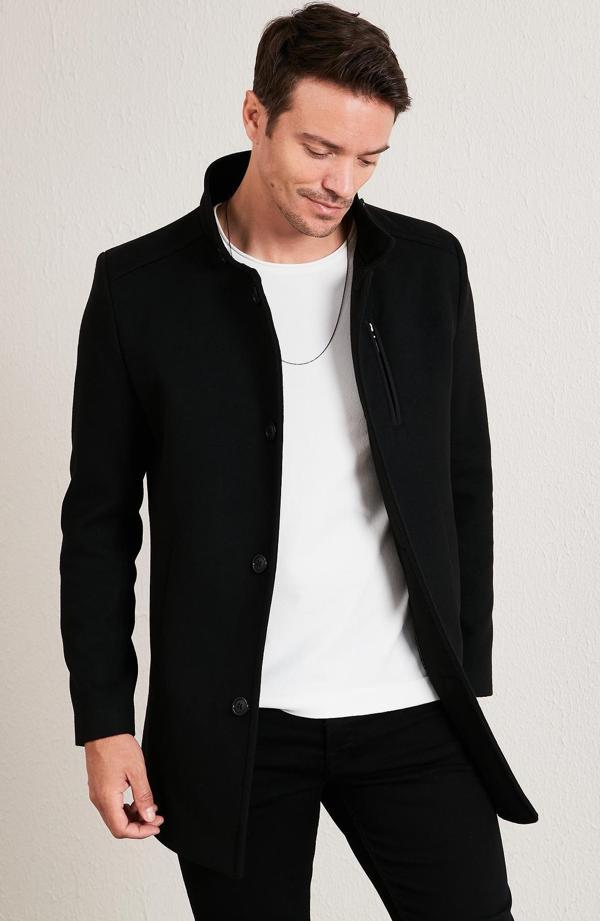 Buratti Slim Fit Düğmeli Dik Yaka Kaşe Erkek Kaban 5840099 SİYAH - Image 1