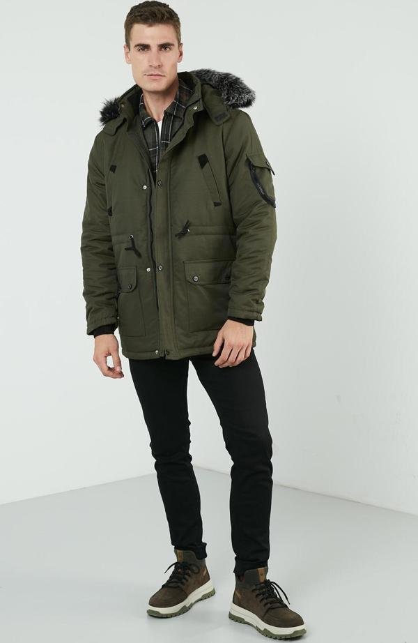 Buratti Yakası Tüylü Çıkarılabilir Kapüşonlu Erkek Mont 571717 HAKİ - Image 1