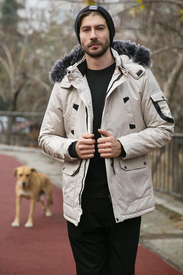 Buratti Yakası Tüylü Çıkarılabilir Kapüşonlu Erkek Mont 571717 TAŞ - Image 1