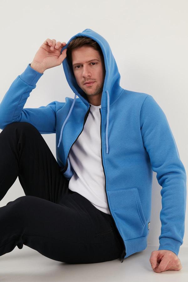Buratti Slim Fit Kapüşonlu Fermuarlı İçi Tüylü Yumuşak Şardonlu Kışlık Erkek Sweat 5905340 KOYU MAVİ - Image 1