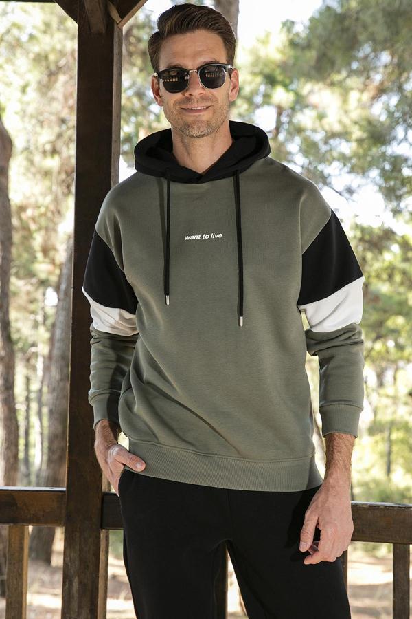 Buratti Pamuklu Regular Fit Kapüşonlu İçi Tüylü Yumuşak Şardonlu Erkek Sweat 5905299 HAKİ - Image 1