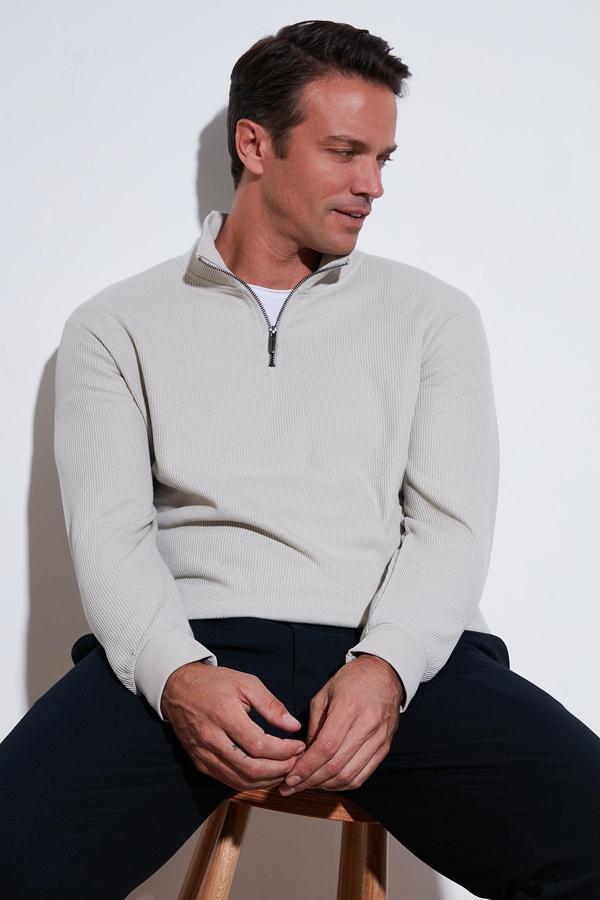 Buratti Pamuklu Regular Fit Yarım Fermuarlı Dik Yaka Erkek Sweat 5905716 TAŞ - Image 1
