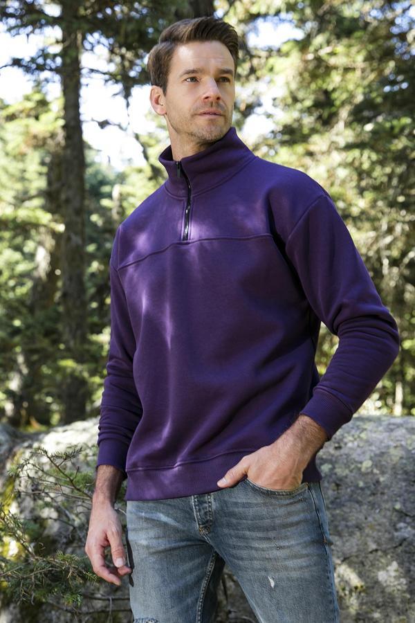 Buratti Regular Fit Pamuklu İçi Tüylü Yumuşak Şardonlu Kışlık Erkek Sweat 59053431 MOR - Image 1