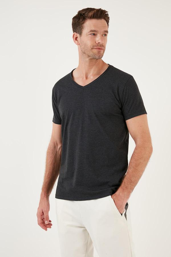 Buratti % 100 Pamuk Slim Fit V Yaka Basic Erkek T Shirt 5412001 KOYU GRİ - Image 1
