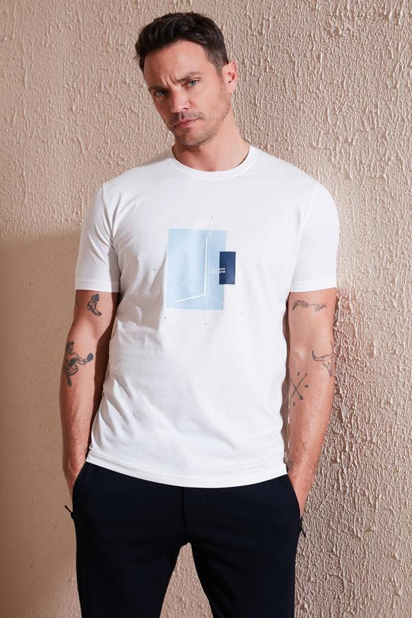 Buratti Baskılı Pamuklu Bisiklet Yaka Slim Fit Erkek T Shirt 646R8040 EKRU - Image 1