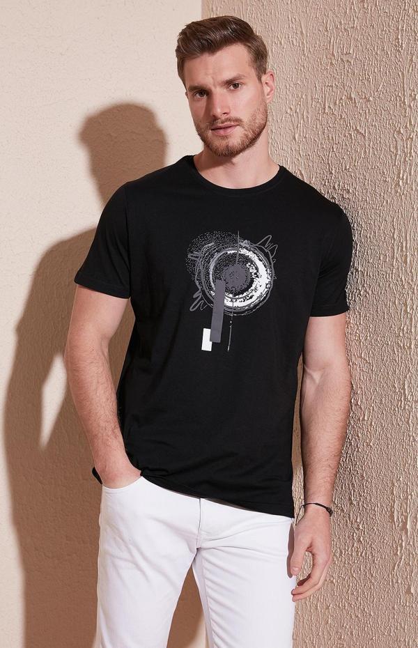 Buratti Baskılı % 100 Pamuk Slim Fit Bisiklet Yaka Erkek T Shirt 646B3860 SİYAH - Image 1