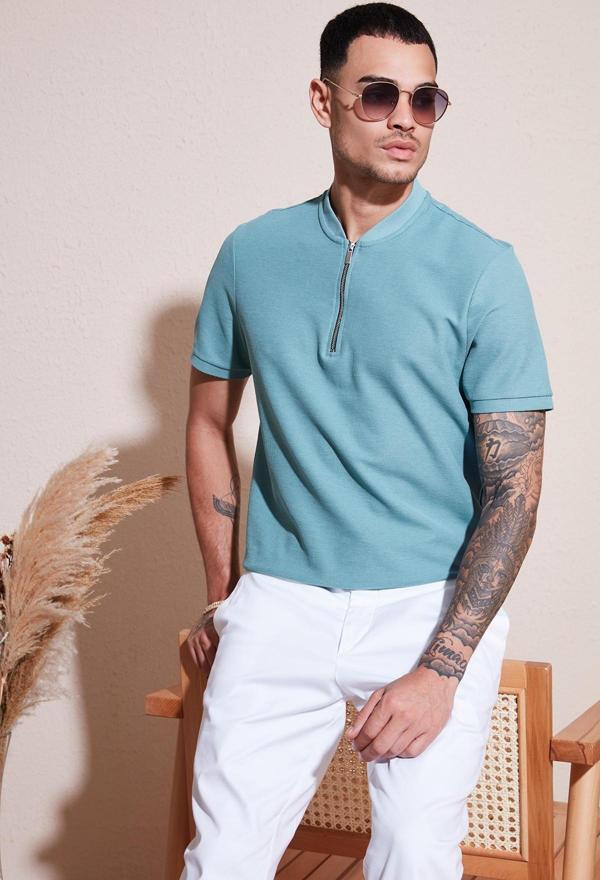 Buratti Pamuklu Regular Fit Yarım Fermuarlı Erkek T Shirt 5902653 MAVİ - Image 1