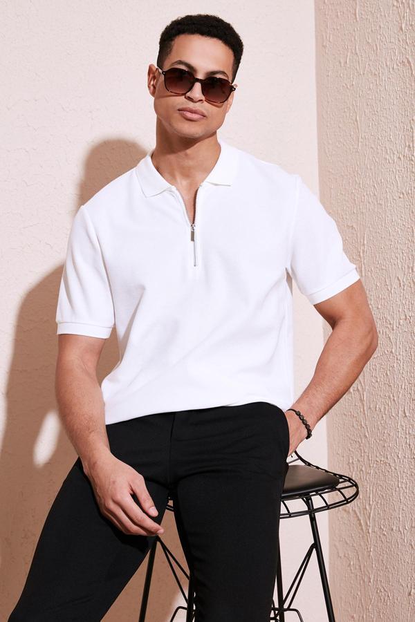 Buratti Pamuklu Regular Fit Fermuarlı Erkek Polo Yaka T Shirt 5902434 EKRU - Image 1