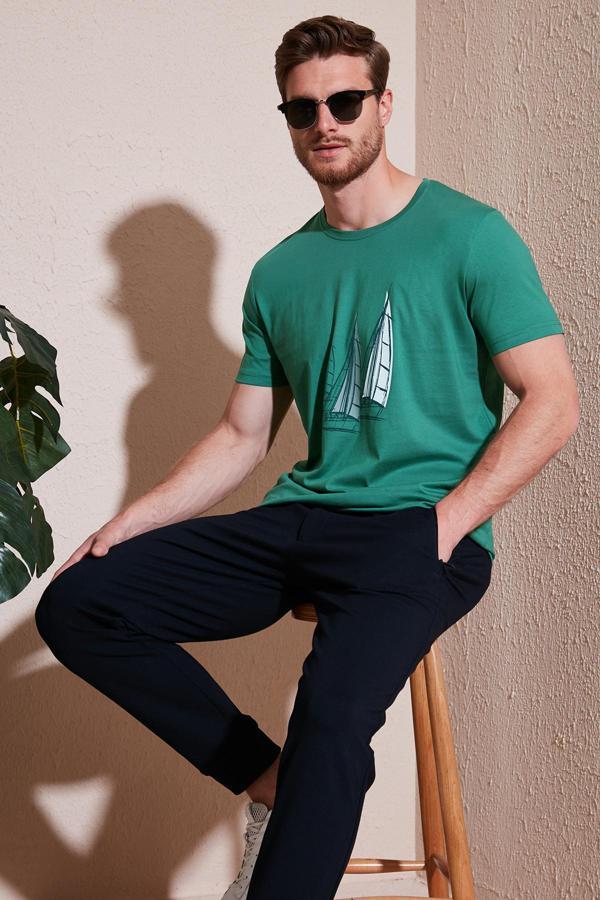 Buratti Pamuklu Slim Fit Bisiklet Yaka Erkek T Shirt 646R7810 YEŞİL - Image 1
