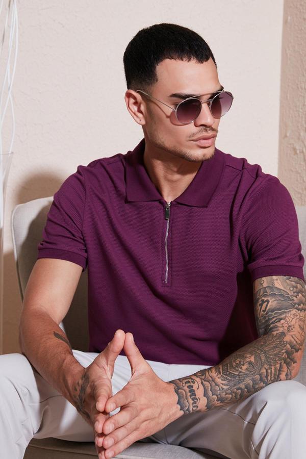 Buratti Pamuklu Regular Fit Fermuarlı Erkek Polo Yaka T Shirt 5902915 MÜRDÜM - Image 1