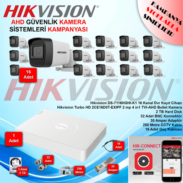 Hikvision AHD 16 Adet 2 Mp Bullet Güvenlik Kamera Seti - Image 1