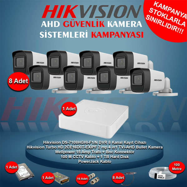 Hikvision AHD 8 Adet 2 Mp Bullet Güvenlik Kamera Seti - Image 1