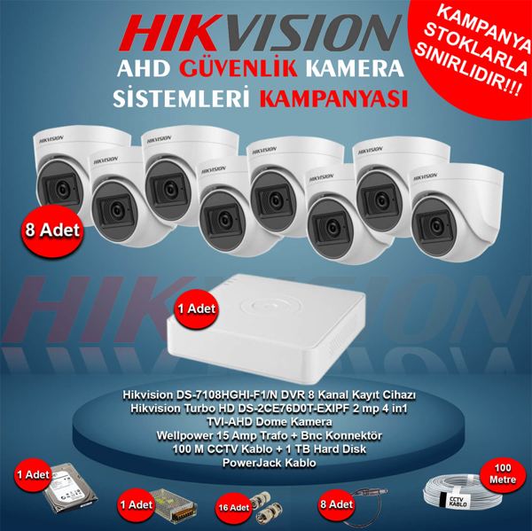 Hikvision AHD 8 Adet 2 Mp Dome Güvenlik Kamera Seti - Image 1
