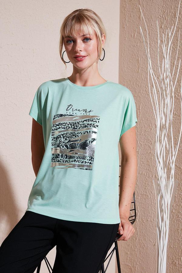 Lela Baskılı Bisiklet Yaka Regular Fit Bayan T Shirt 6671000 MİNT - Image 1