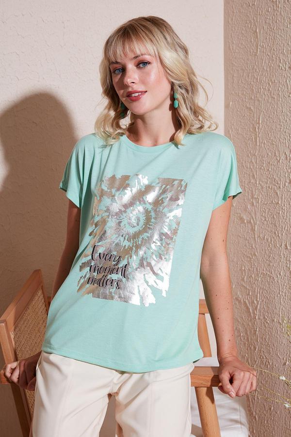 Lela Baskılı Bisiklet Yaka Regular Fit Bayan T Shirt 6671001 MİNT - Image 1