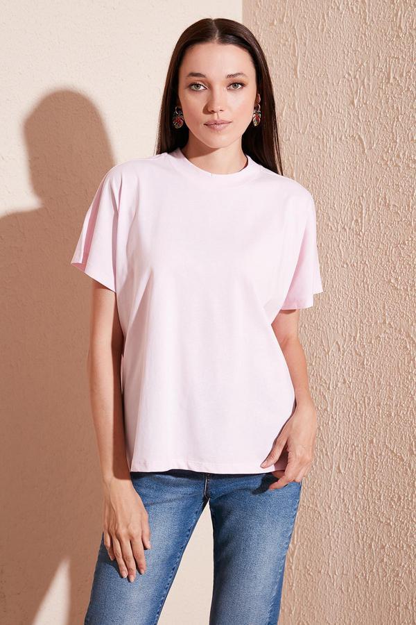 Lela Oversize % 100 Pamuk Bisiklet Yaka Basic Bayan T Shirt 5864489 TOZ PEMBE - Image 1