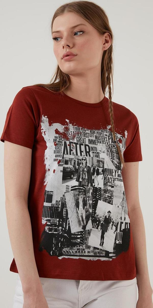 Lela Pamuklu Baskılı Bisiklet Yaka Bayan T Shirt 6001004 KİREMİT - Image 1