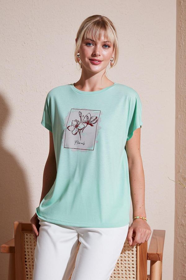 Lela Baskılı Bisiklet Yaka Regular Fit Bayan T Shirt 6671002 MİNT - Image 1